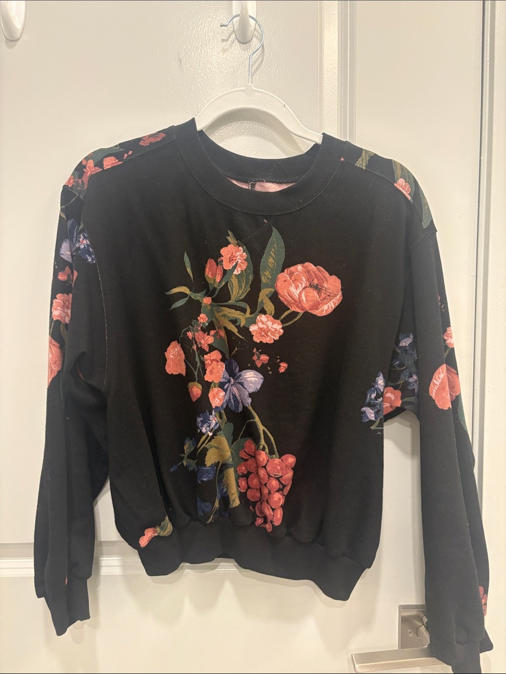 Anthropologie Black Floral Crewneck Sweater with Pink & Purple Blooms